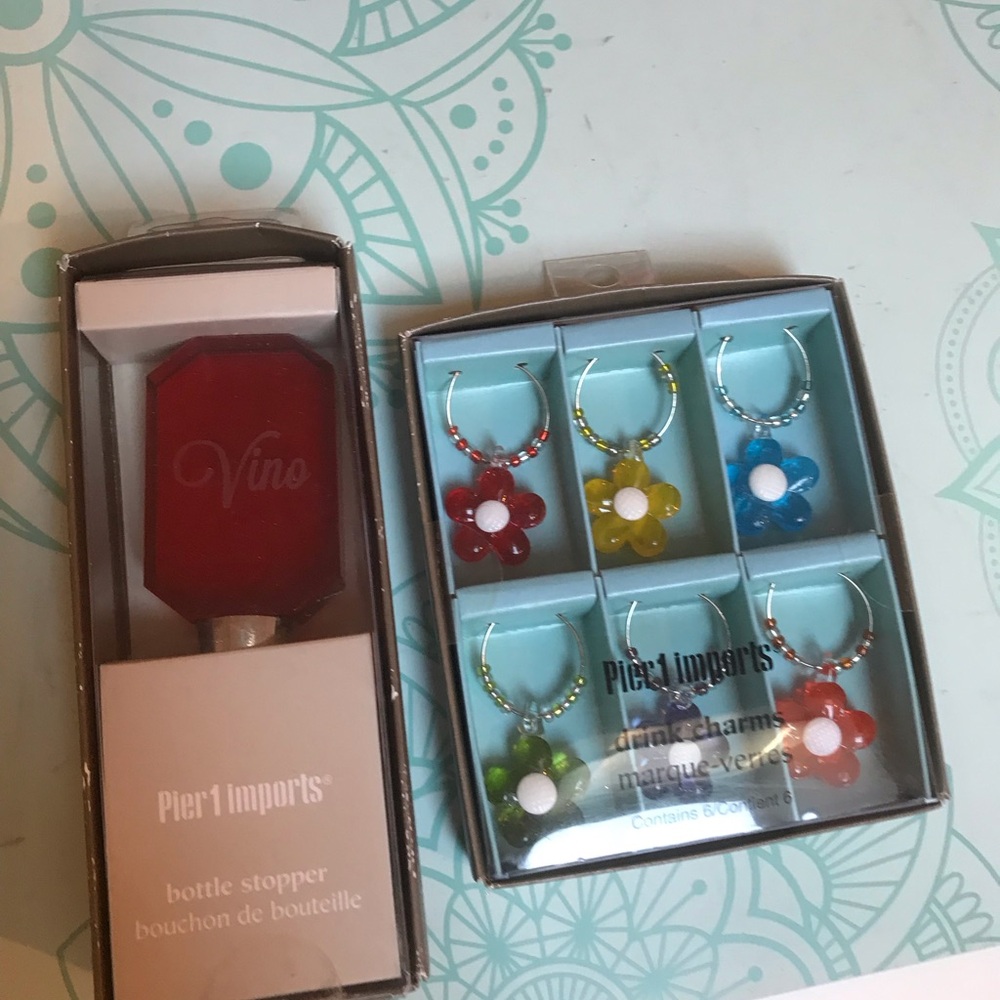 Pier 1 wine glass charms and wine bottle stopper. New in box.